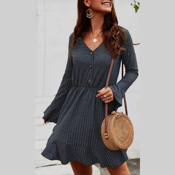 V Neck Casual Buttons Ruffle Long Sleeve Loose - Picture 3 of 8